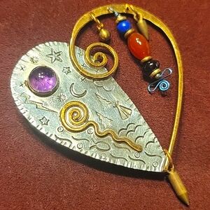 Q Miller Mixed Metal Artisan Beaded Heart Shaped Brooch Pin ~ Signed